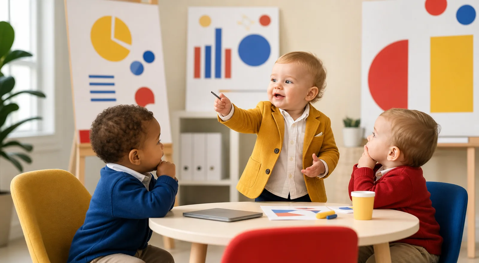 Babies holding a colorful business meeting