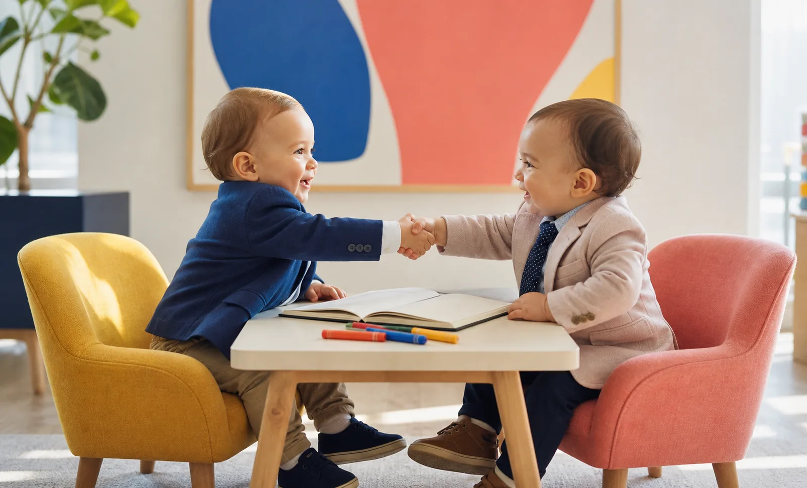 Two baby consultants shaking hands on a deal