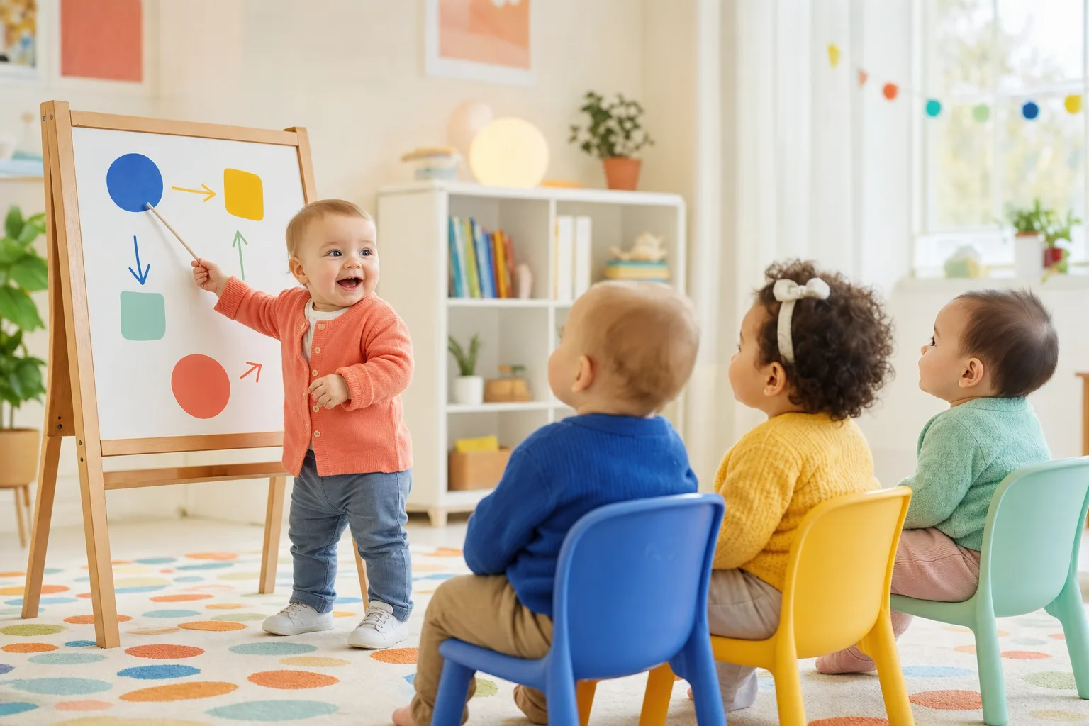 A baby presenting a seminar to three other babies